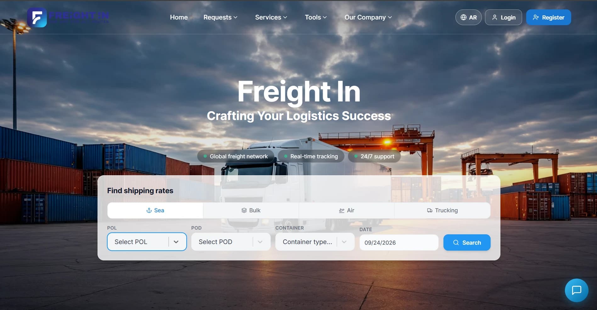 FreightIn home page: shipping-rate search for sea, bulk, air and trucking